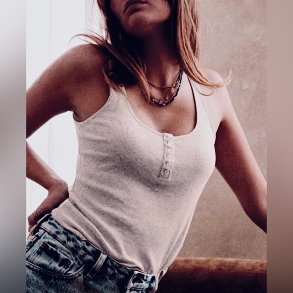 Sezane Cream Ribbed Henley Tank